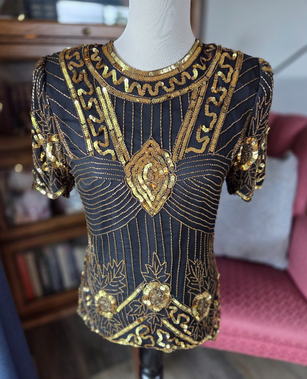 Vintage Laurence Kazar Gold Beaded Silk Sequin Art Deco Top S Small gatsby style